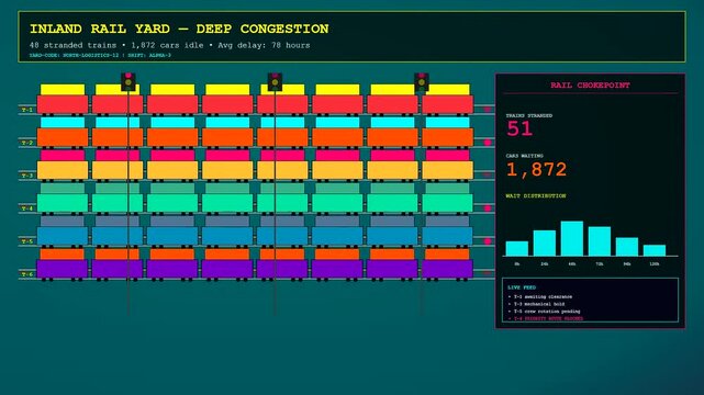 This retro digital logistics dashboard visualizes simulated port congestion as data graphs and colorful train block metrics dynamically update over time.