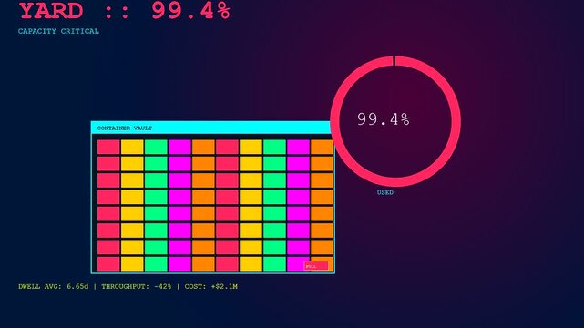 This digital infographic illustrates critical port congestion as container storage levels rise rapidly to maximum capacity on a stylized logistics tracking dashboard.