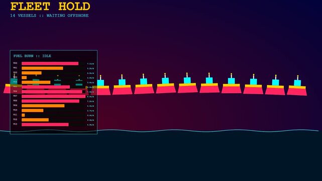An animated infographic depicting port congestion issues as various cargo vessels idle offshore while their fuel burn rates dynamically fluctuate over time.