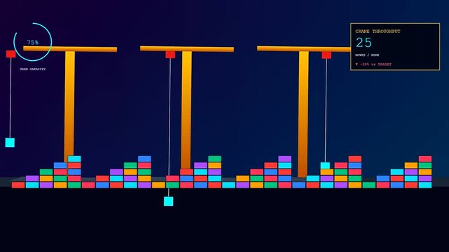 To illustrate global port congestion issues, this vector motion graphic tracks shipping crane throughput efficiency and yard storage capacity during cargo logistics simulation.