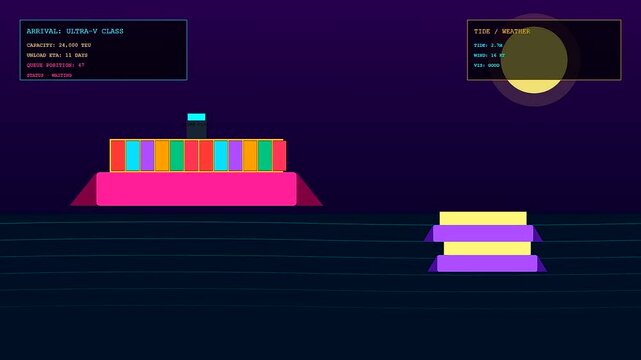 A stylized motion graphic animation depicting a severe port congestion crisis where a massive container ship waits offshore amidst changing tide and weather conditions.
