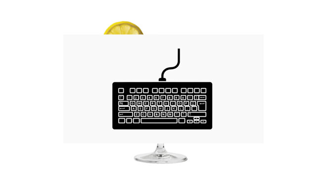 Minimal black silhouette icon, simple flat vector, bold black shape, no, no shading creative conceptual illustration of a computer keyboard in a cocktail glass on a, flat icon style