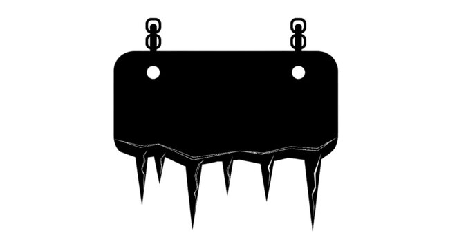 Minimal black silhouette icon, simple flat vector, bold black shape, no, no shading hanging rectangular sign with icicles and cracks on a, flat icon style
