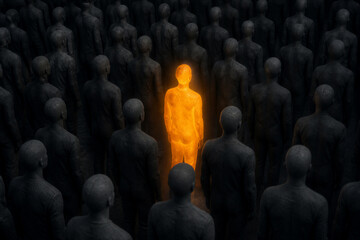 Obraz premium Glowing figure standing among dark crowd in shadowed space