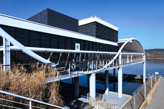 Wloclawek, Poland - March 9, 2026. Modern marina on the Vistula river, a tourist attraction close to the Old Town district.