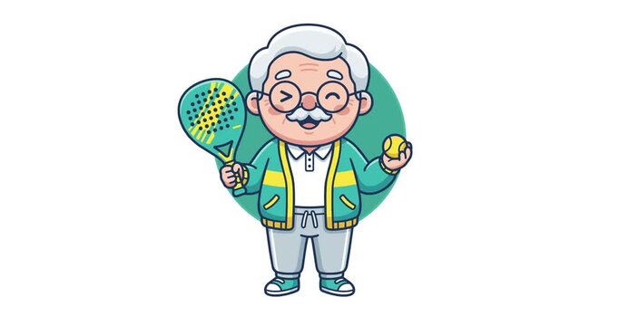 Cheerful senior man holding a pickleball paddle and ball, 4K animated cartoon character motion graphic with dynamic pop-up circle intro and smooth outro, active elderly sport and healthy lifestyle