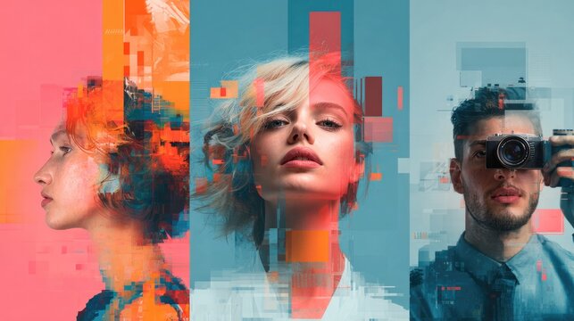 Media production studio, young specialists represented as visual creatives working with photography and digital content in stylized glitch aesthetic portrait composition.