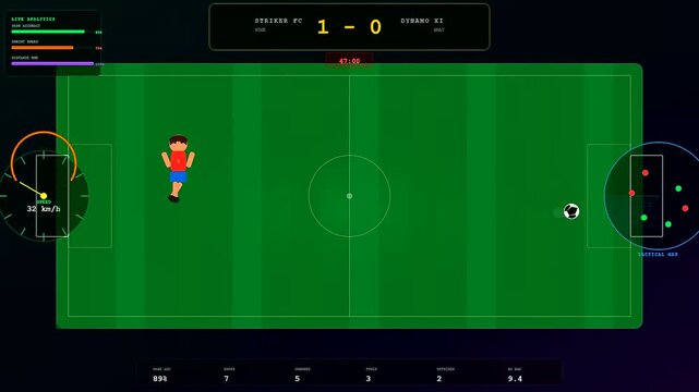 A digital representation of youth sports dedication displays match progress with player movement speed indicators and green pitch mapping on a minimalist user interface display monitor