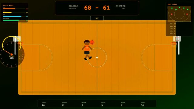 An engaging youth sports dedication scene captured on a digital basketball game interface showing player movement stats and scoring metrics during an active match simulation session