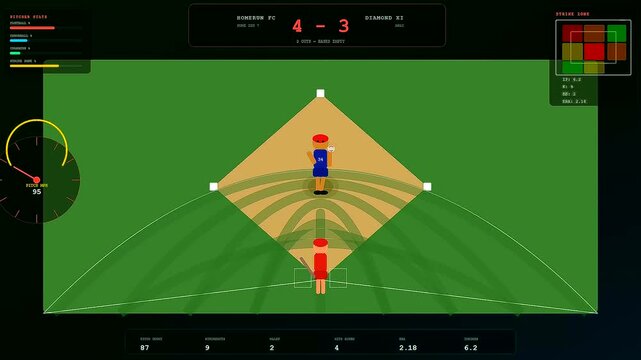 the youth sports dedication displayed as a pixelated digital baseball simulation showing a pitcher throwing a fast ball towards a batter on the home plate