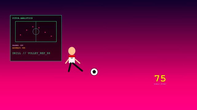 The youth sports dedication shown by a cartoon athlete practicing soccer drills while graphical data displays performance metrics against a vivid magenta and purple gradient background