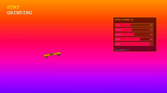 A sequence showing youth sports dedication through a digital skateboard progress bar displayed against a vibrant orange and purple gradient screen for active gaming design