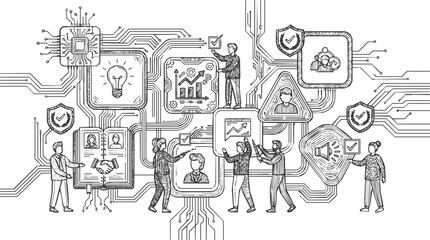 Obraz premium Complex Business Technology Illustration featuring a Digital Transformation Ecosystem with Integrated Circuit Lines, Teamwork Collaboration and