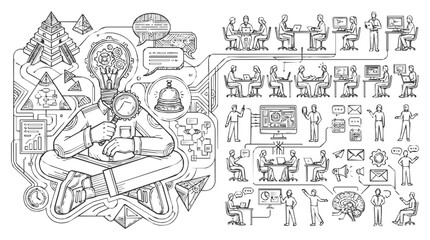Obraz premium Conceptual Innovation for Business Strategy Illustration with a Creative Mind Character and Various Doodled Office Teamwork and Management Scenarios