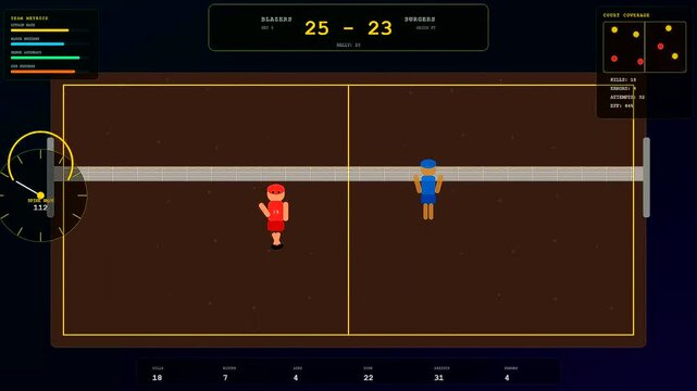 The digital youth sports dedication screen displays athletic competition movement as two animated characters face off on a brown court with scoreboards visible during live gameplay
