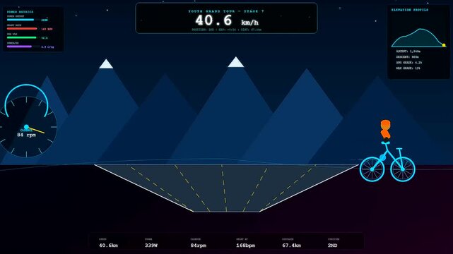 Displaying youth sports dedication while a cyclist progresses through a simulated mountain course featuring digital performance metrics telemetry data and graphical elevation tracking on a dark screen