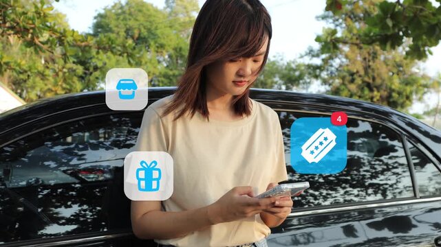 A young East Asian woman of Chinese descent stands outdoors by her car, scrolling on her smartphone as mobile marketing reward icons and discount coupon notifications pop up on screen.