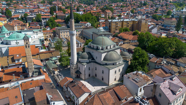 Aerial Drone View of Historic Gazi Husrev-beg Mosque and Clock Tower in Sarajevo Bosnia
