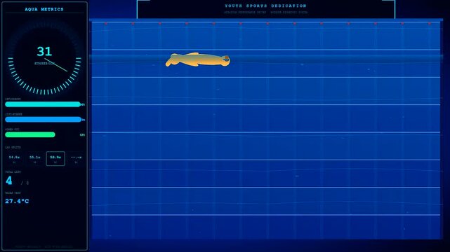 a student showing youth sports dedication while swimming laps in a professional pool viewed through a blue interface screen displaying vital water performance metrics