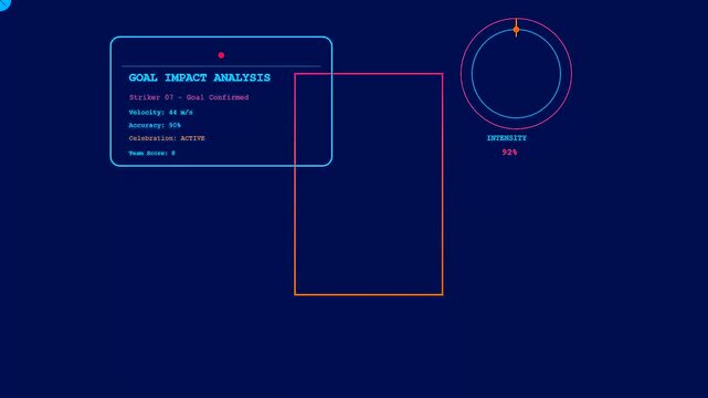 Digital data displays showcasing youth sports dedication across a sequence of animated performance tracking panels presented against a deep blue minimalist electronic interface gaming environment