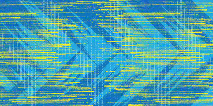 Abstract blue digital technology background with vibrant yellow glitch horizontal lines and subtle halftone dots, ideal for cyber tech and big data concepts.