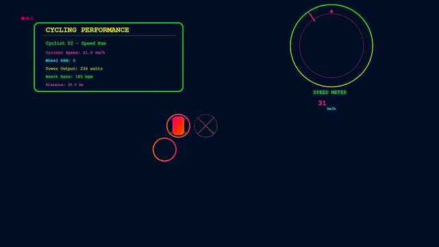 Displaying youth sports dedication through a digital interface showing biometric cycling telemetry data during an intense training session with fluctuating metrics and moving graphical circular gauges