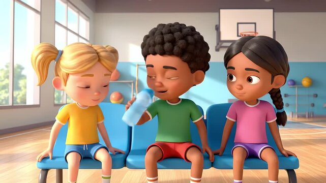 Animated Children at Gym Sipping Water After Exercise Cartoon Style of Diverse Youngsters in Bright Clothing
