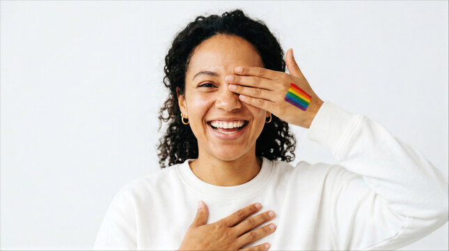 Happy young woman with rainbow flag painted on hand covering eye, diversity and inclusivity concept