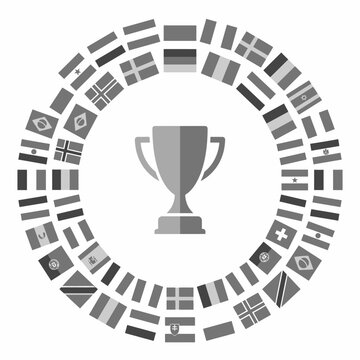 Trophy icon centered in two rings of world flags.