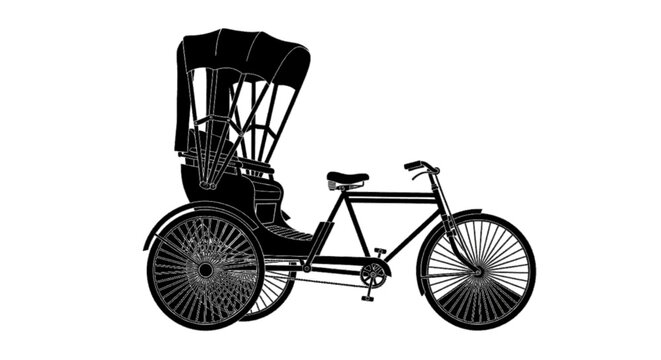 Minimal black silhouette icon, simple flat vector, bold black shape, no, no shading silhouette of a traditional cycle rickshaw on a, flat icon style