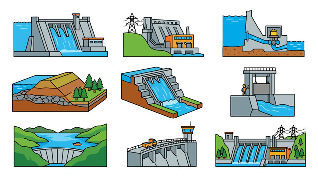Hydroelectric power plant and dam illustrations set, isolated cartoon vector icons