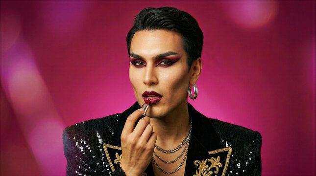 Stylish man applying deep dark red lipstick, glamorous makeup, sequin blazer, magenta background