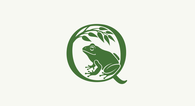 Green Frog Logo with Leafy Branch Design.