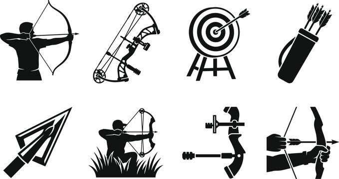 Archery icons with traditional bow, compound bow, target, quiver, arrowhead, and shooting silhouette set