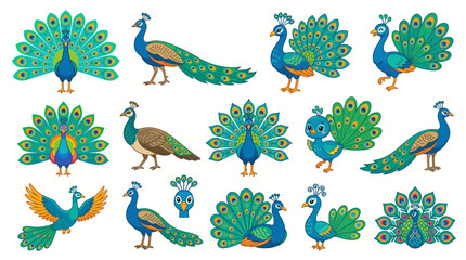 Obraz premium Colorful Cartoon Peacock Character Set with Various Poses and Expressions on White Background