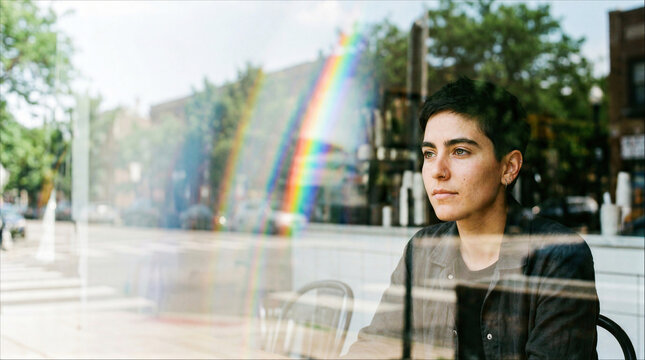 Young person with short hair looking out of a cafe window with rainbow light reflection