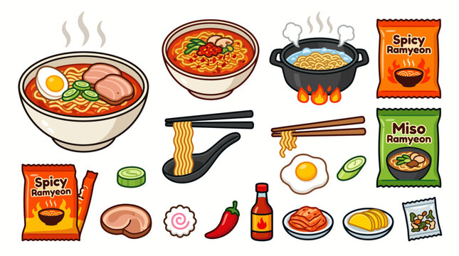 Spicy and miso ramyeon vector cartoon illustration set with instant noodle packs, bowls, cooking pot, and side dishes isolated on white background.