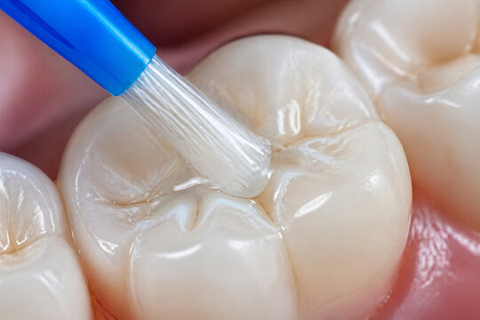 Molar tooth receiving dental sealant in clinical closeup