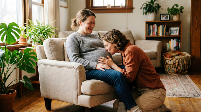 Loving lesbian couple at home, partner kissing the belly of her pregnant wife in a cozy living room.