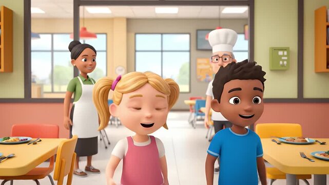 Animated School Cafeteria Scene with Chef and Students in Cartoon Style Rendering Food Service and Healthy School Lunch