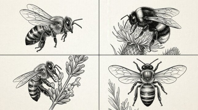 Vintage scientific illustrations of bees. Detailed hand-drawn honeybees and bumblebees in monochrome, an insect study with plants.