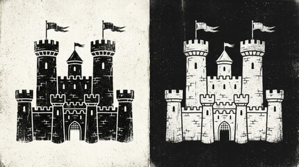 Fototapeta premium Medieval Castle Illustration Set in Black and White with Inverted Colors, Hand-Drawn Vintage Style Fortress Graphic
