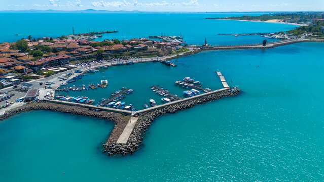 Aerial View of Nesebar North Harbor Marina and Breakwater in Bulgaria