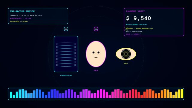 Biometric payment verification sequence shown on a digital interface featuring abstract facial icons fingerprint scanning patterns and rising graphical bars in a dark room environment setting