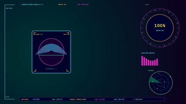 Digital biometric payment verification interface loading on a monitor showing scan sequences and progress circles in a dark room environment for financial security system analysis