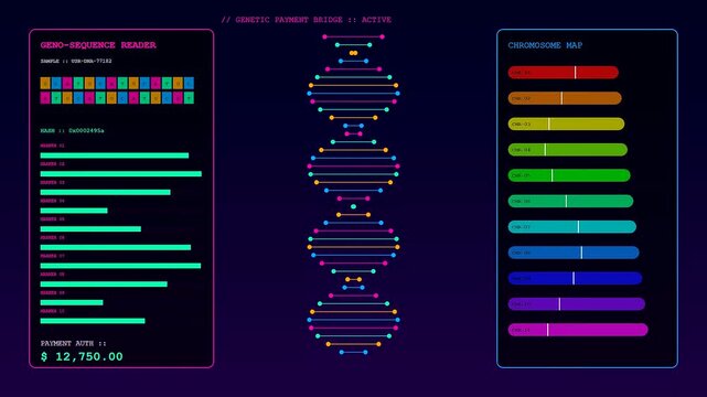 Biometric payment verification interface displays rotating dna helix patterns with colorful bar charts and financial data points moving in a seamless looping digital sequence animation