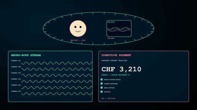 A digital biometric payment verification interface displays neural brain wave patterns alongside changing currency amounts on a dark screen during a seamless financial transaction security sequence
