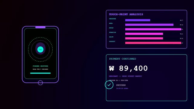 Biometric payment verification displayed on a mobile device screen with glowing bar charts and digital interface elements showing transaction progress in a dark virtual environment