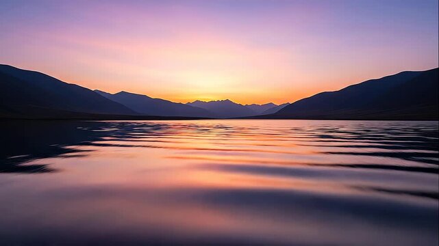 Golden sunset reflecting over calm mountain lake water motion video