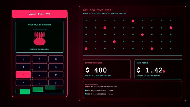 Display of biometric payment verification screen sequence featuring glowing neon grid maps and numerical keypads on a dark electronic interface for financial security software operations